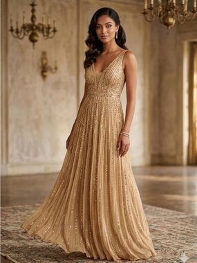 Mac Duggal A-line Sequin Plunge Neck Gown in Gold Sunset Wedding Prom Size 2